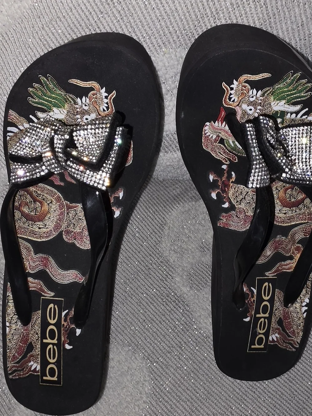 bebe Y2k Black Jeweled Dragon Wedge Flip Flops